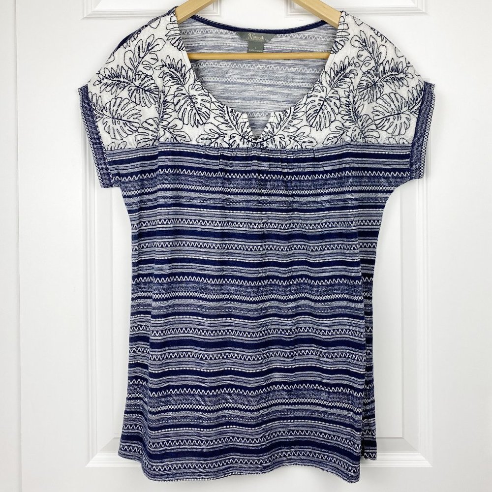NWOT, Natural Women's Short Sleeve Cotton Blouse Embroider, White/Blue, Size L